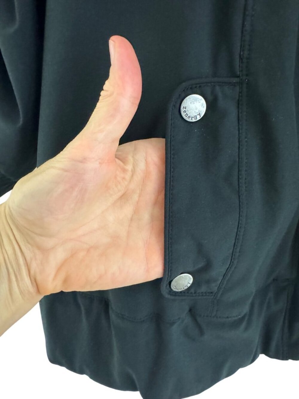 Chico's‎ Zenergy Black Zip Snap Jacket Pockets Size 1 = Medium/8 Golf 3/4 Sleeve - Picture 6 of 9